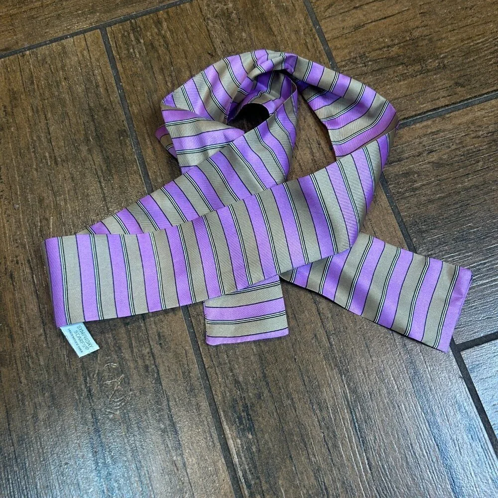 Symphony Scarfs Lilac Purple and Tan Vintage Striped 100% Silk Bow Tie